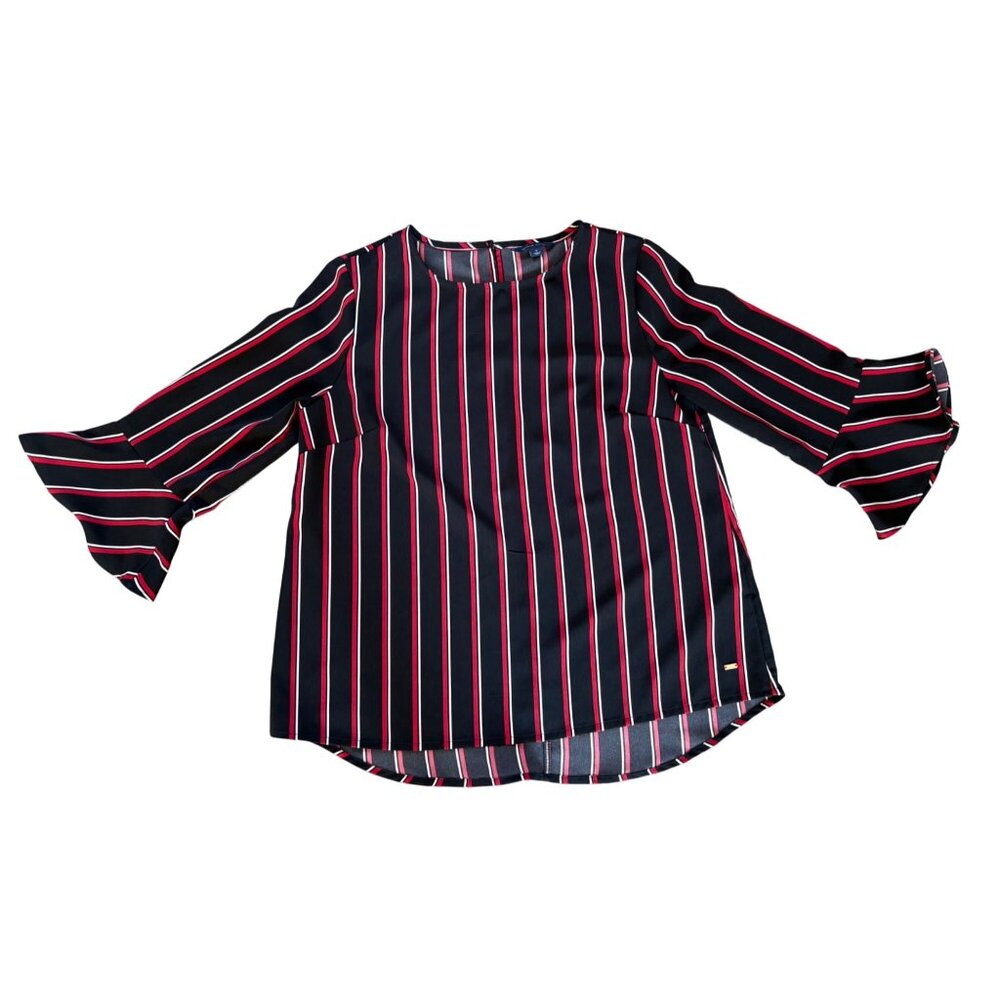 TOMMY HILFIGER 3/4 Bell Sleeve Women's Top Blouse Size M Black White Red Strip